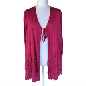 Logo by Lori Goldstein Burgundy Red Tie Front Cardigan With Lace Details Large
